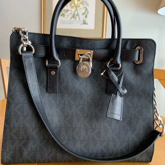 COPY - Michael Kors Large Hamilton MK Logo Tote Bag Purse Black 🖤🖤🖤 Silver Hard… - Picture 1 of 16